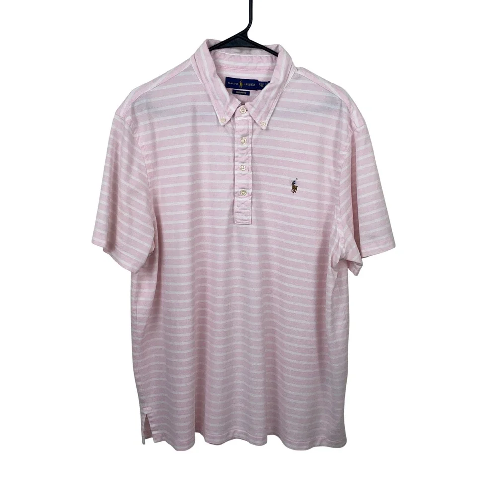 Ralph Lauren‎ Knit Oxford Polo Shirt Mens XXL Pink White Striped Short Sleeve